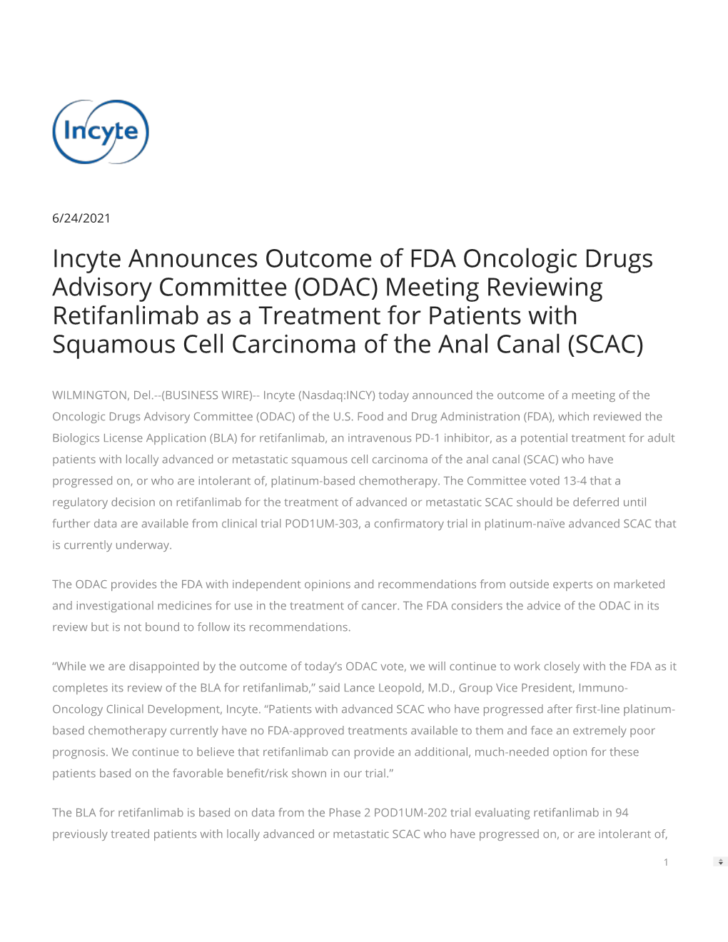 Incyte Announces Outcome of FDA Oncologic Drugs Advisory