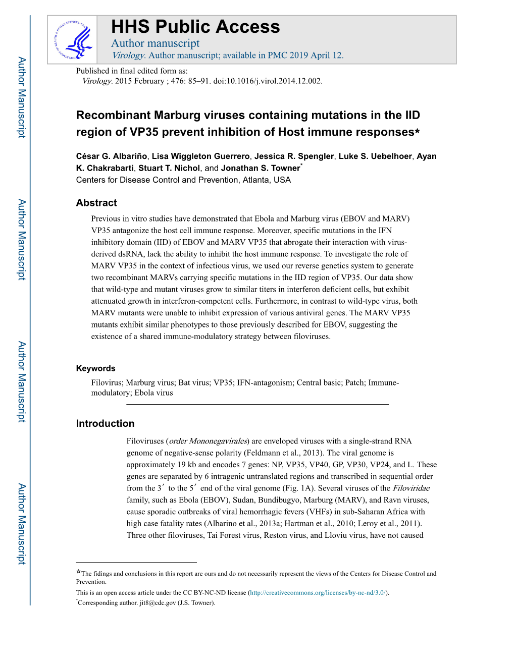 Recombinant Marburg Viruses Containing Mutations in the IID Region of VP35 Prevent Inhibition of Host Immune Responses☆