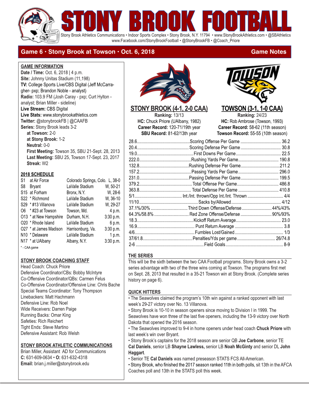 Stony Brook Football Weekly Media Planner