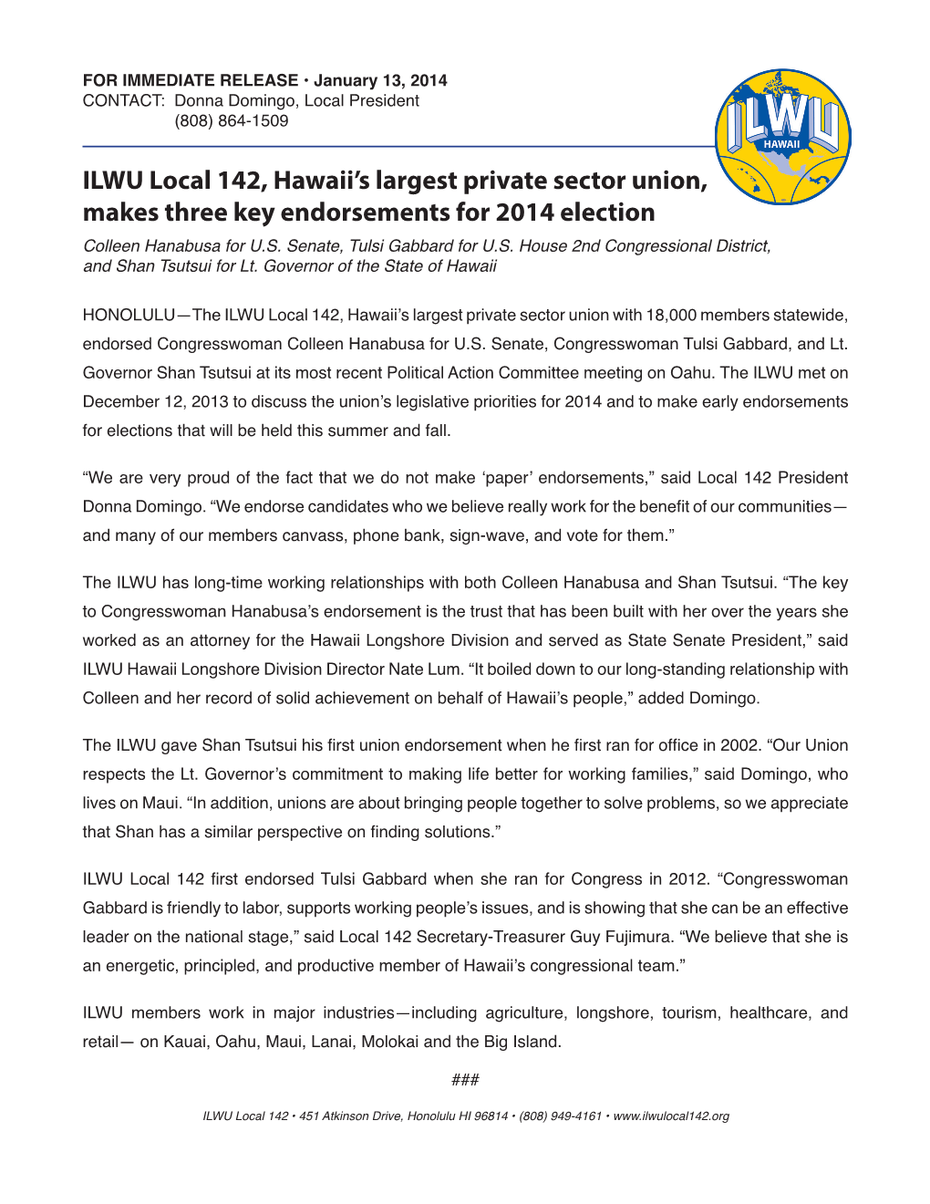 ILWU Local 142, Hawaii's Largest Private Sector Union, Makes Three