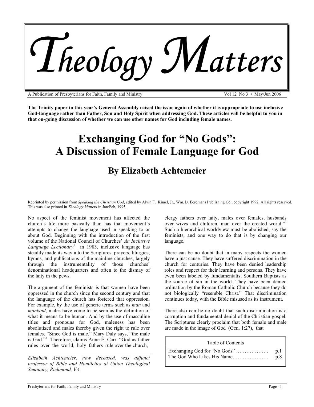 Exchanging God for “No Gods”: a Discussion of Female Language for God