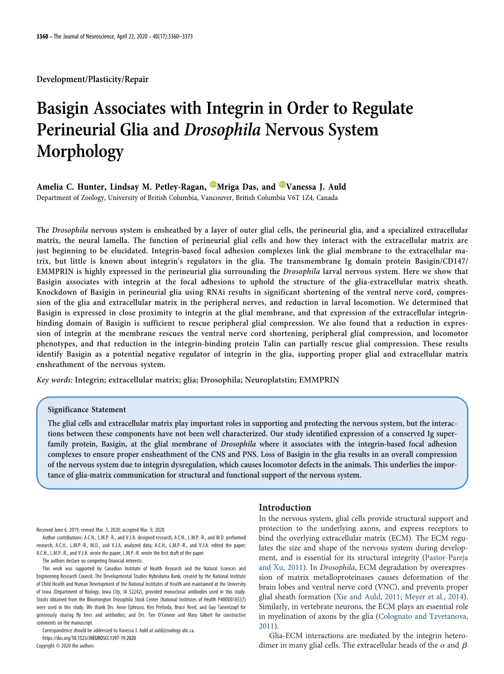 Basigin Associates with Integrin in Order to Regulate Perineurial Glia and Drosophila Nervous System Morphology