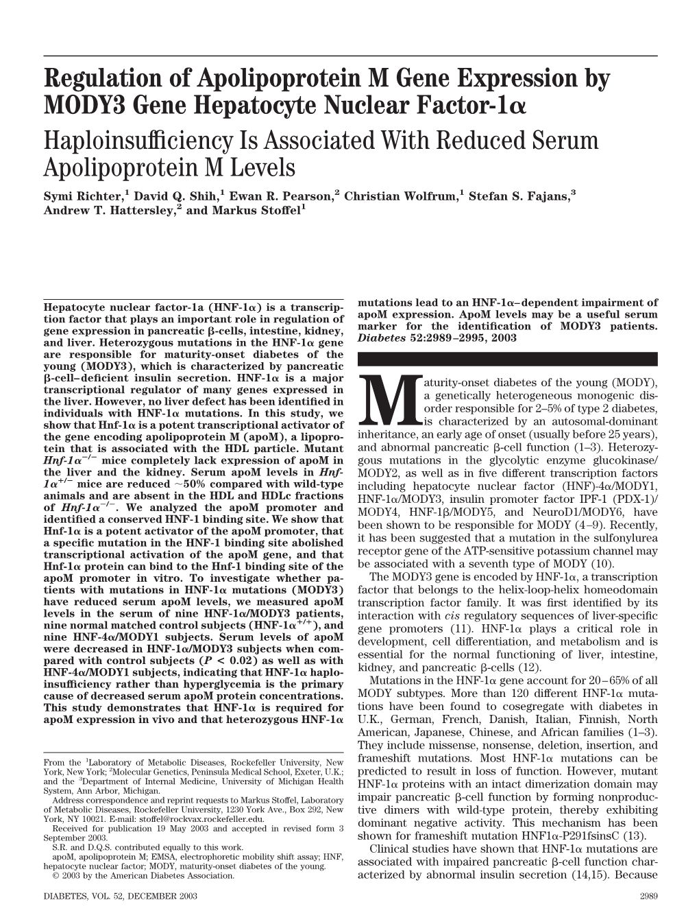 Regulation of Apolipoprotein M Gene Expression by MODY3 Gene