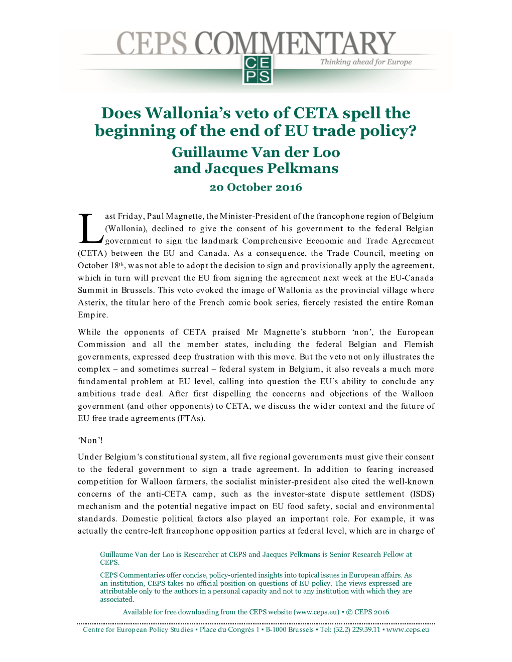 Does Wallonia's Veto of CETA Spell the Beginning of the End of EU Trade Policy?