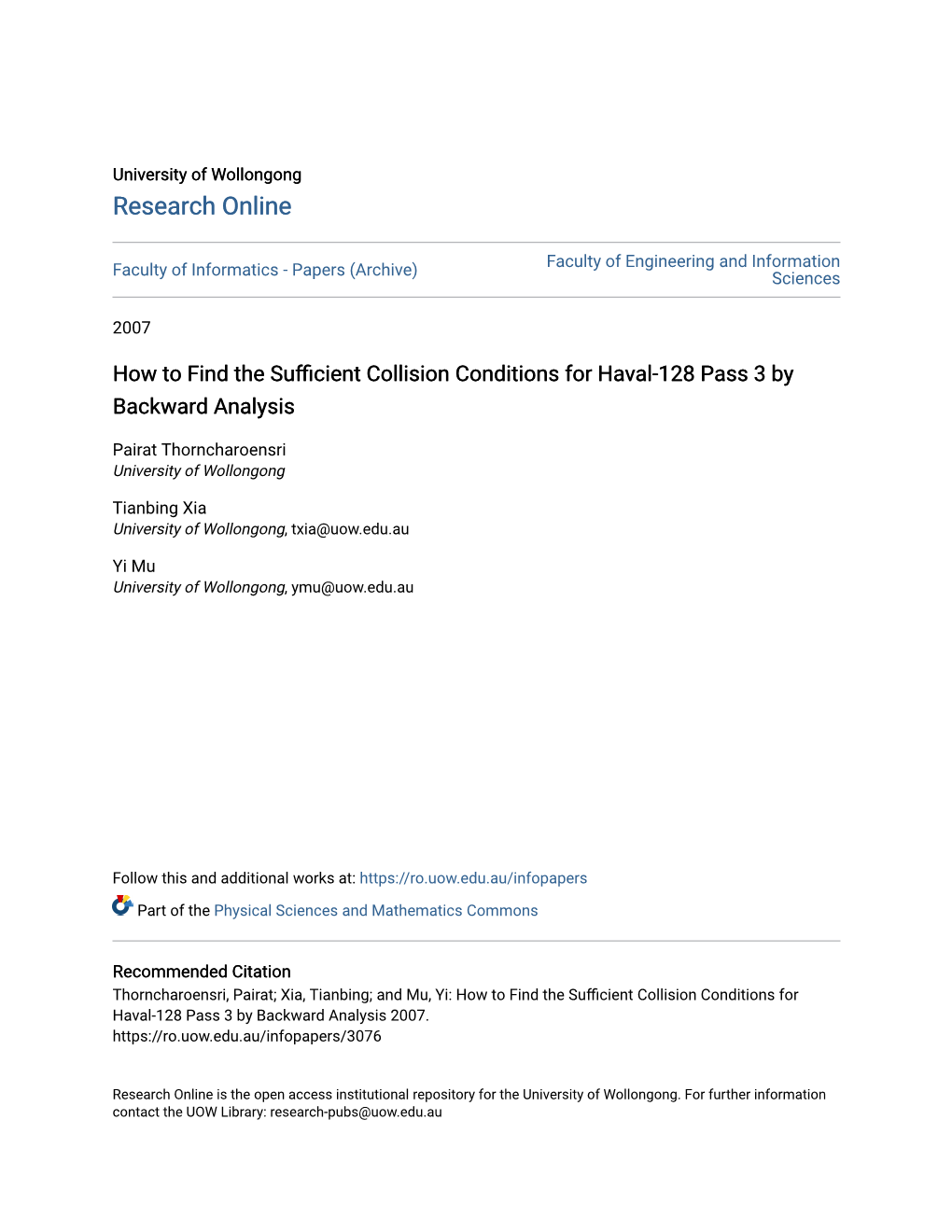 How to Find the Sufficient Collision Conditions for Haval-128 Pass 3 by Backward Analysis 2007