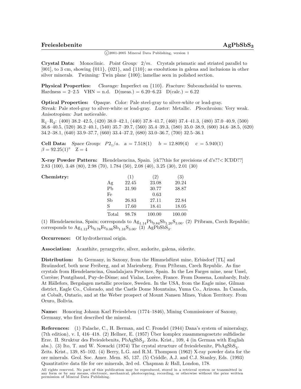 Freieslebenite Agpbsbs3 C 2001-2005 Mineral Data Publishing, Version 1