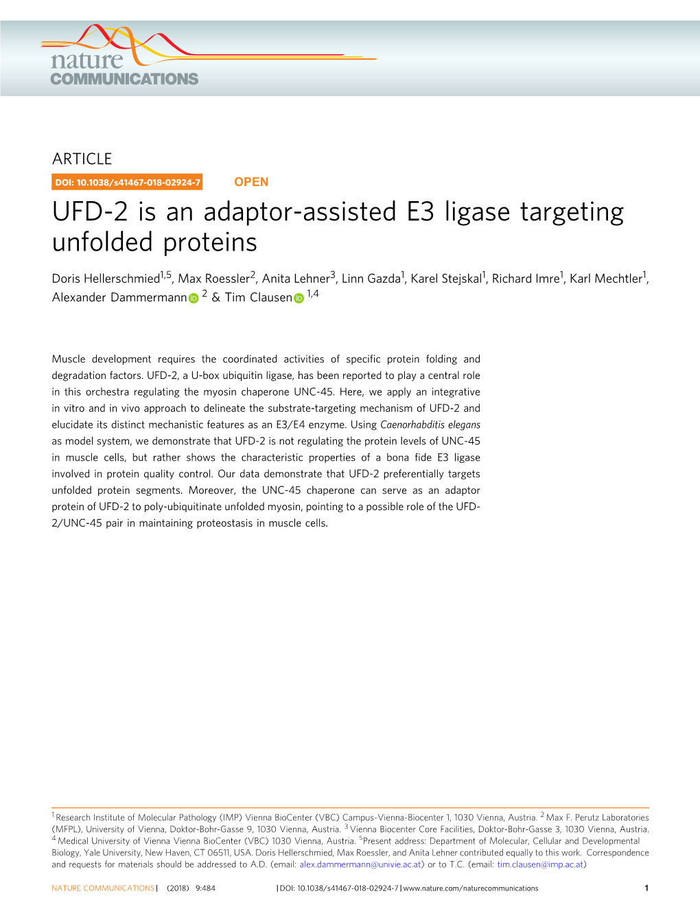 UFD-2 Is an Adaptor-Assisted E3 Ligase Targeting Unfolded Proteins