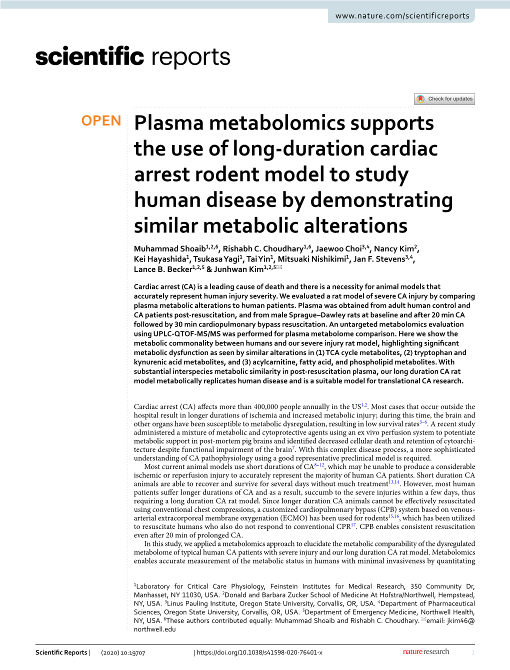 Plasma Metabolomics Supports the Use of Long-Duration Cardiac Arrest