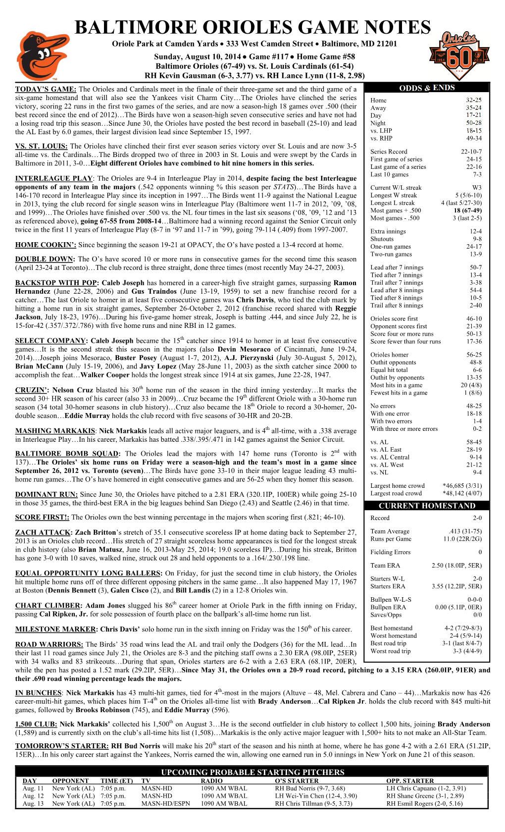 BALTIMORE ORIOLES GAME NOTES Oriole Park at Camden Yards  333 West Camden Street  Baltimore, MD 21201