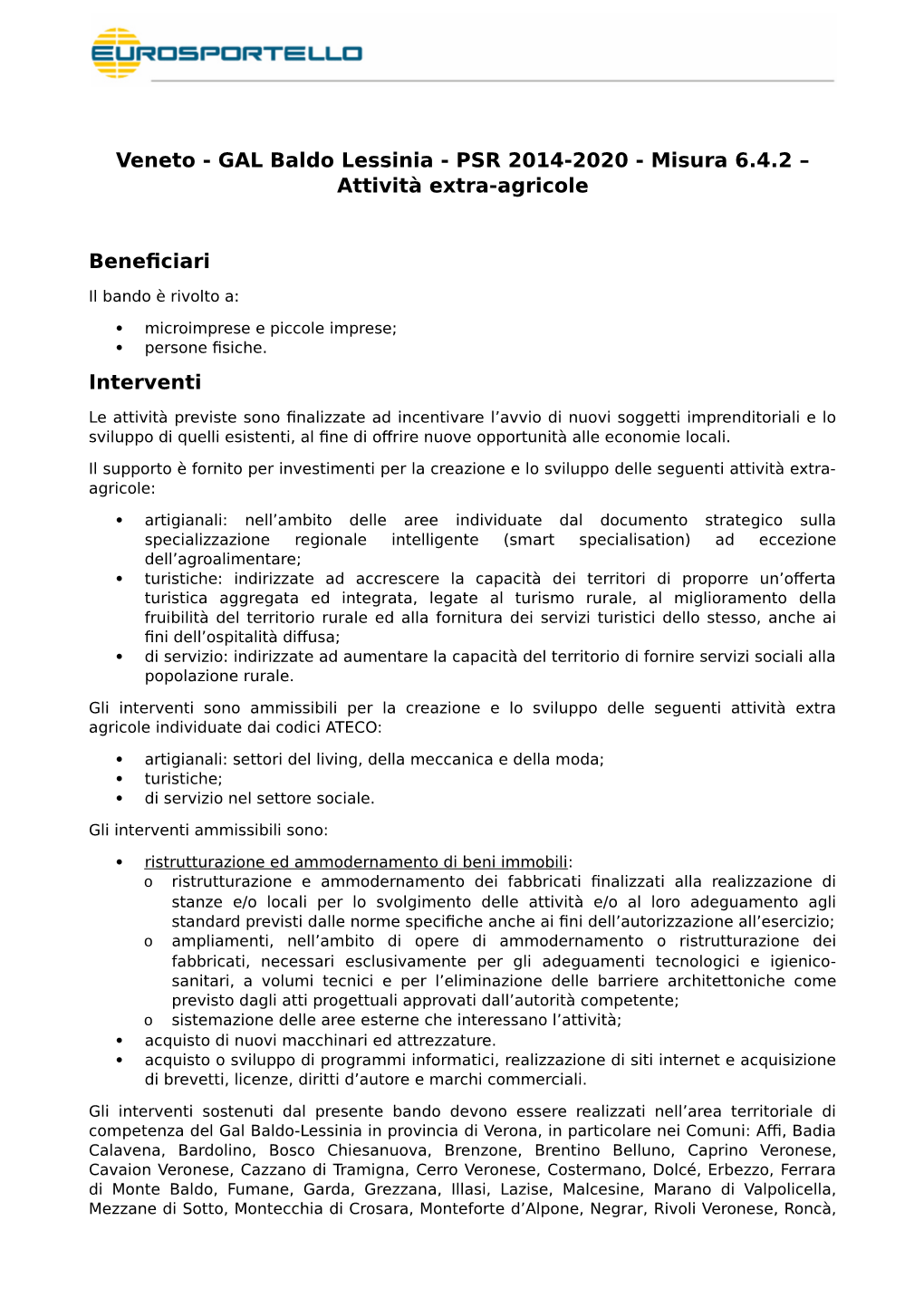 Veneto - GAL Baldo Lessinia - PSR 2014-2020 - Misura 6.4.2 – Attività Extra-Agricole