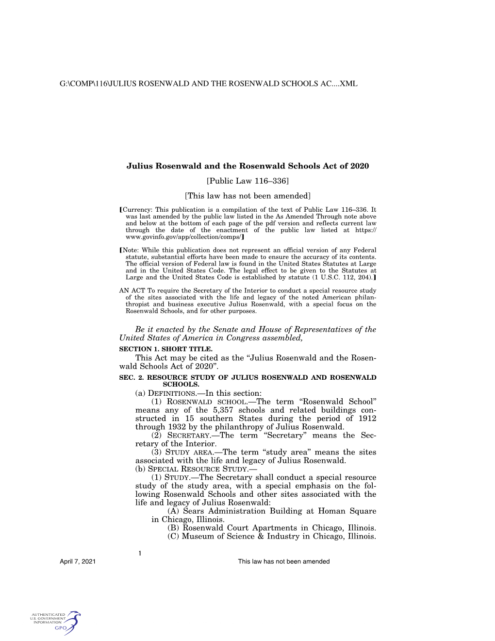 Julius Rosenwald and the Rosenwald Schools Act of 2020