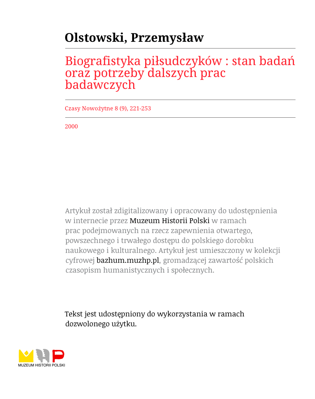 Czasy Nowożytne, Tom VIII (Lx)/2000 Periodyk Poświęcony Dziejom Polskim I Powszechnym Od XV Do XX Wieku