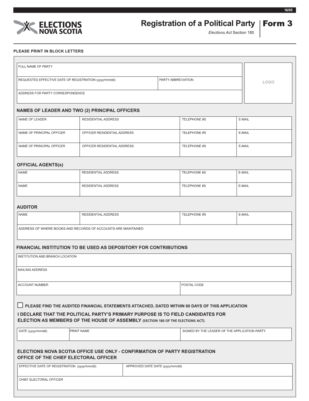 Form 3 Registration of a Political Party