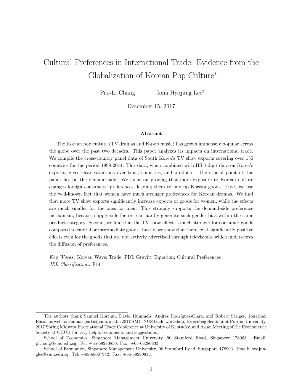 Cultural Preferences in International Trade: Evidence from the Globalization of Korean Pop Culture∗