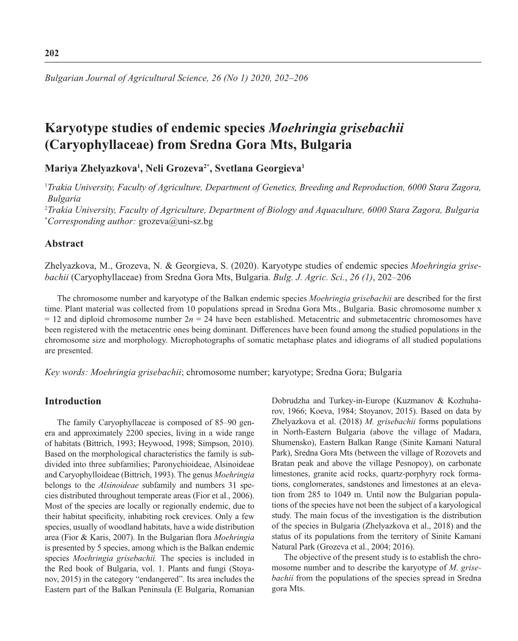 Karyotype Studies of Endemic Species Moehringia Grisebachii (Caryophyllaceae) from Sredna Gora Mts, Bulgaria