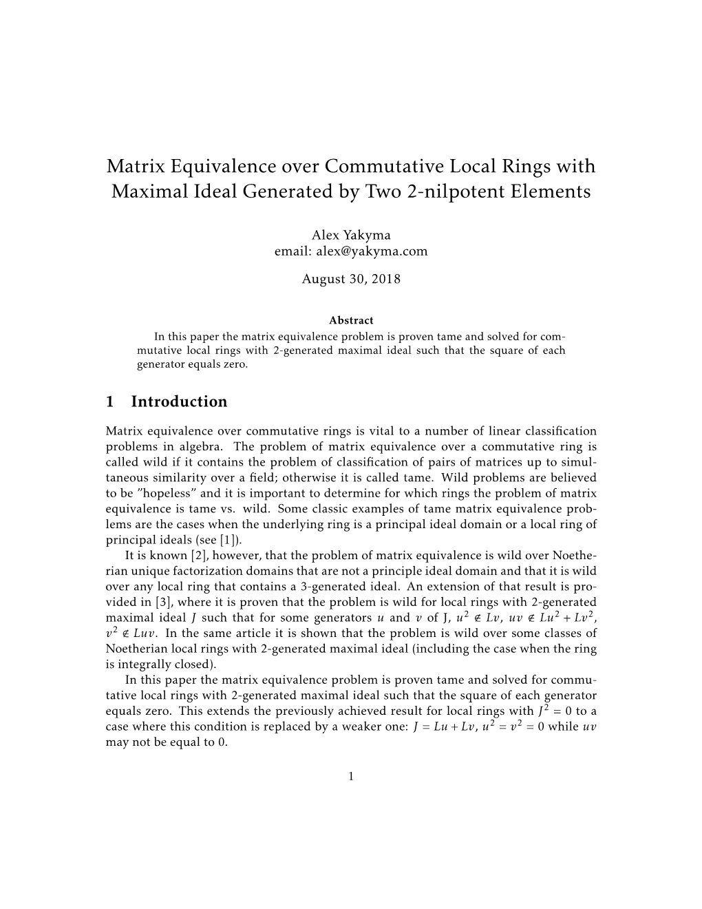 Matrix Equivalence Over Commutative Local Rings with Maximal Ideal Generated by Two 2-Nilpotent Elements