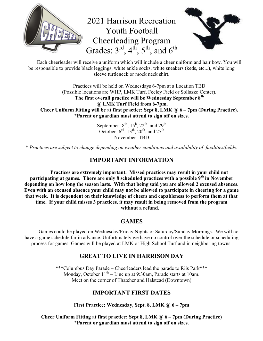 2021 Harrison Recreation Youth Football Cheerleading Program Grades: 3 , 4 , 5 , and 6