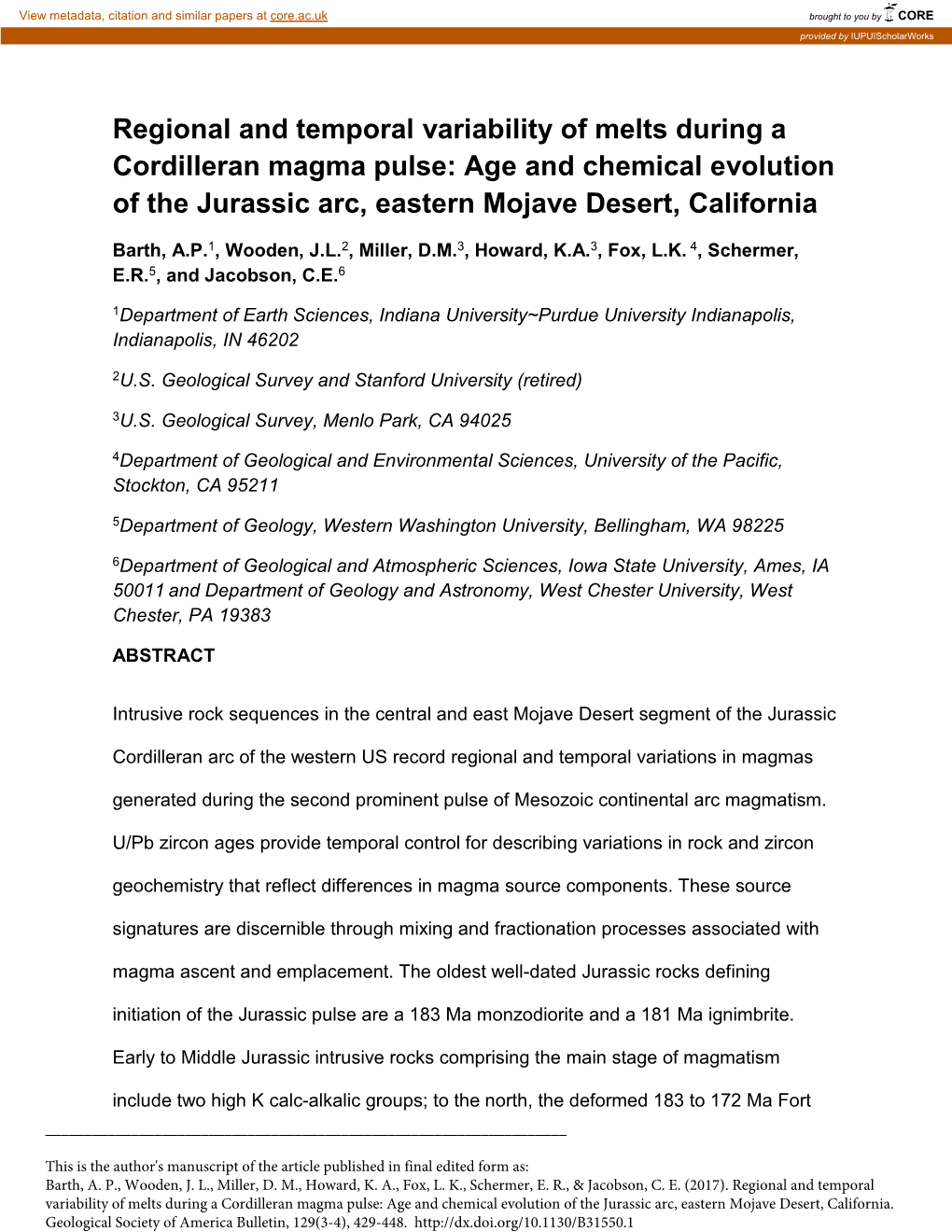 Regional and Temporal Variability of Melts During a Cordilleran Magma Pulse: Age and Chemical Evolution of the Jurassic Arc, Eastern Mojave Desert, California