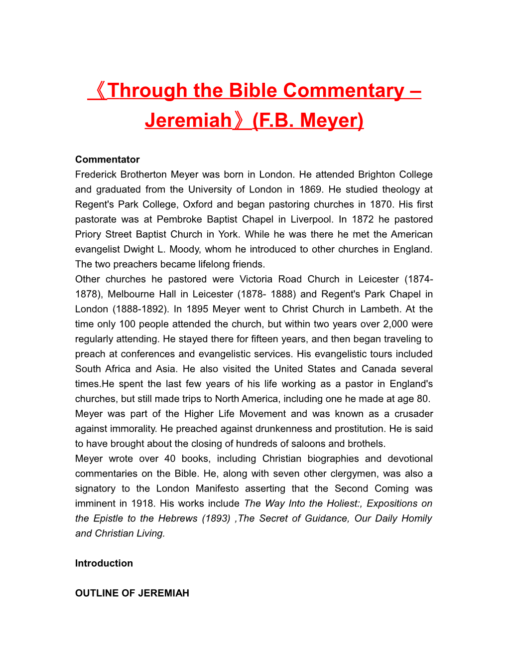 Through the Bible Commentary Jeremiah (F.B. Meyer)