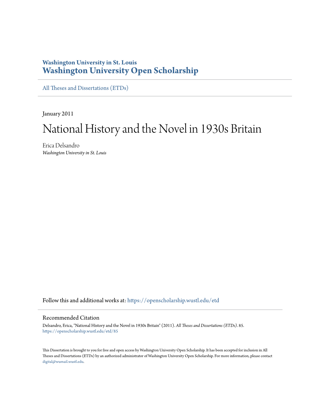 National History and the Novel in 1930S Britain Erica Delsandro Washington University in St