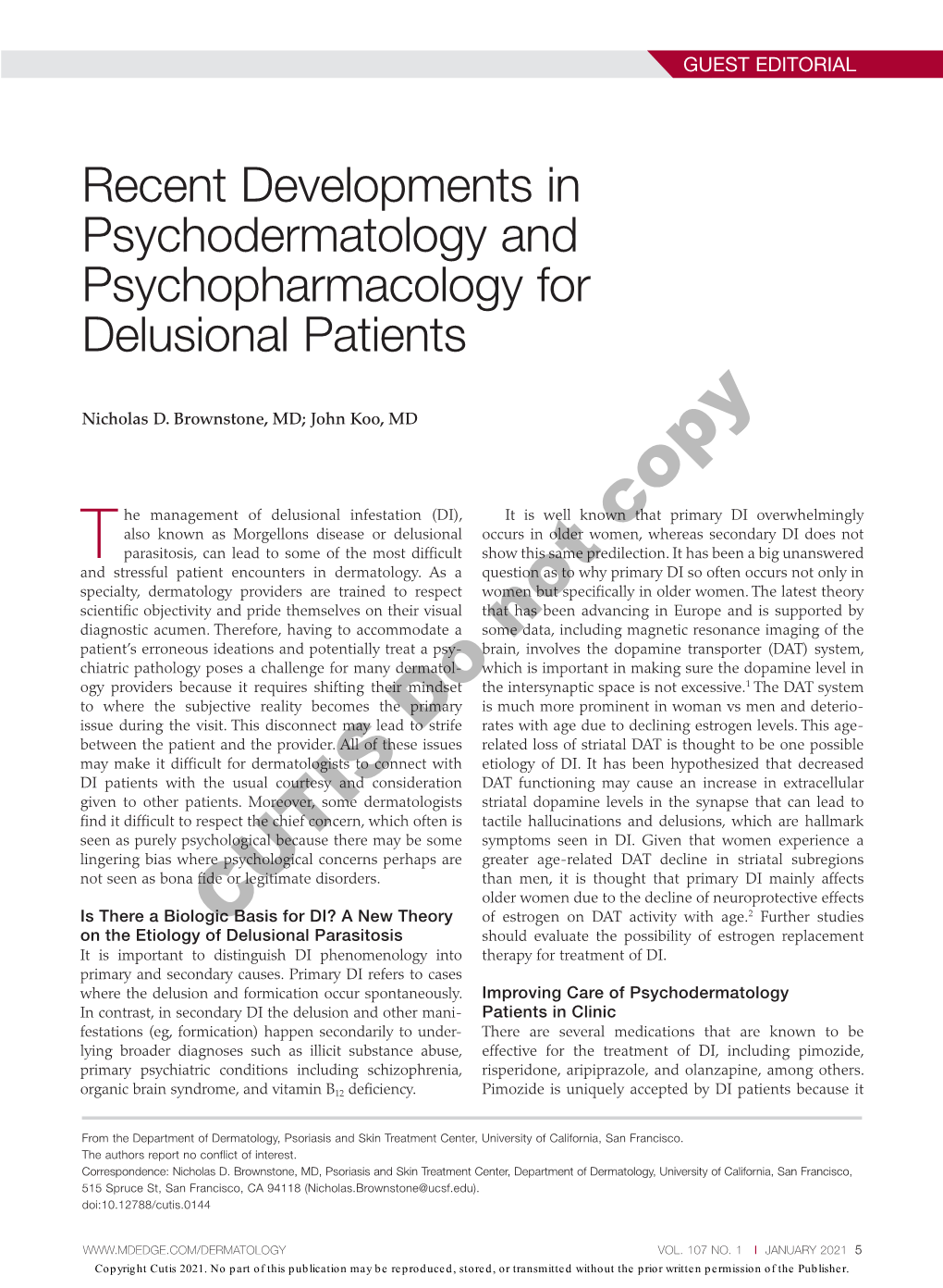 Recent Developments in Psychodermatology and Psychopharmacology for Delusional Patients