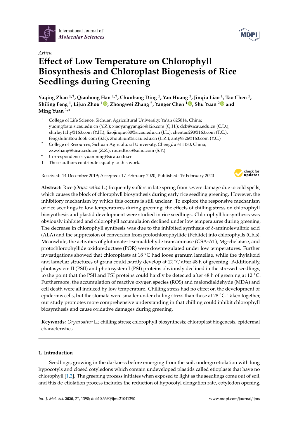 Effect of Low Temperature on Chlorophyll Biosynthesis And