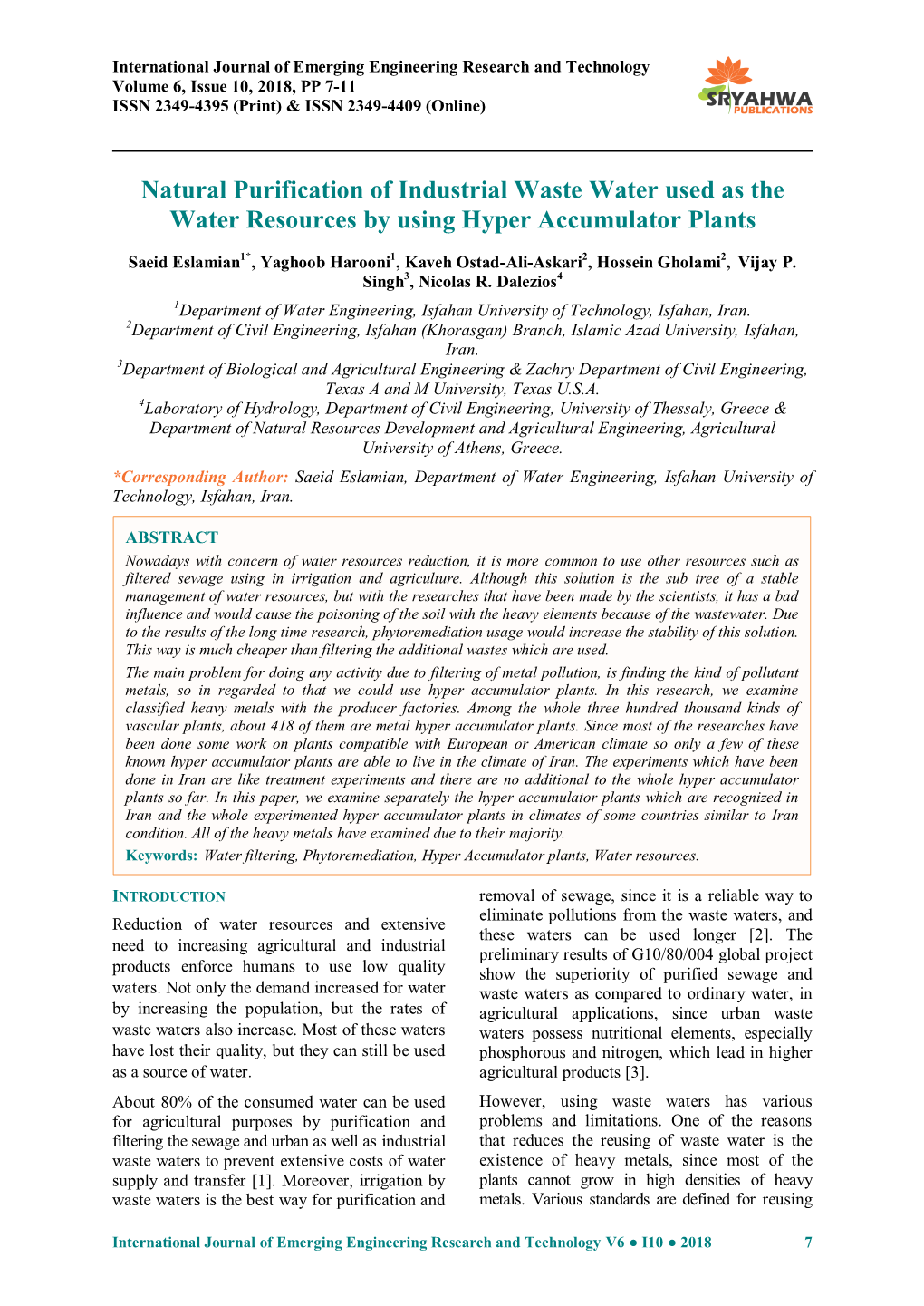 Natural Purification of Industrial Waste Water Used As the Water Resources by Using Hyper Accumulator Plants