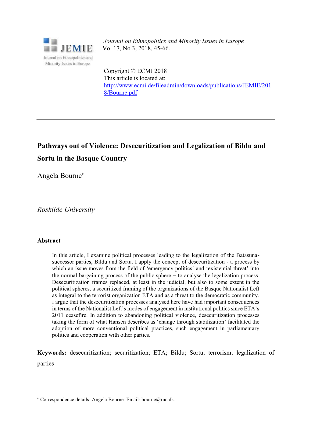 Pathways out of Violence: Desecuritization and Legalization of Bildu and Sortu in the Basque Country