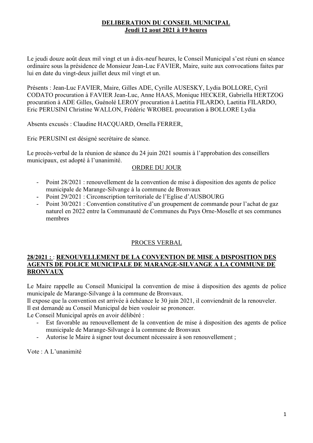 DELIBERATION DU CONSEIL MUNICIPAL Jeudi 12 Aout 2021 À 19 Heures