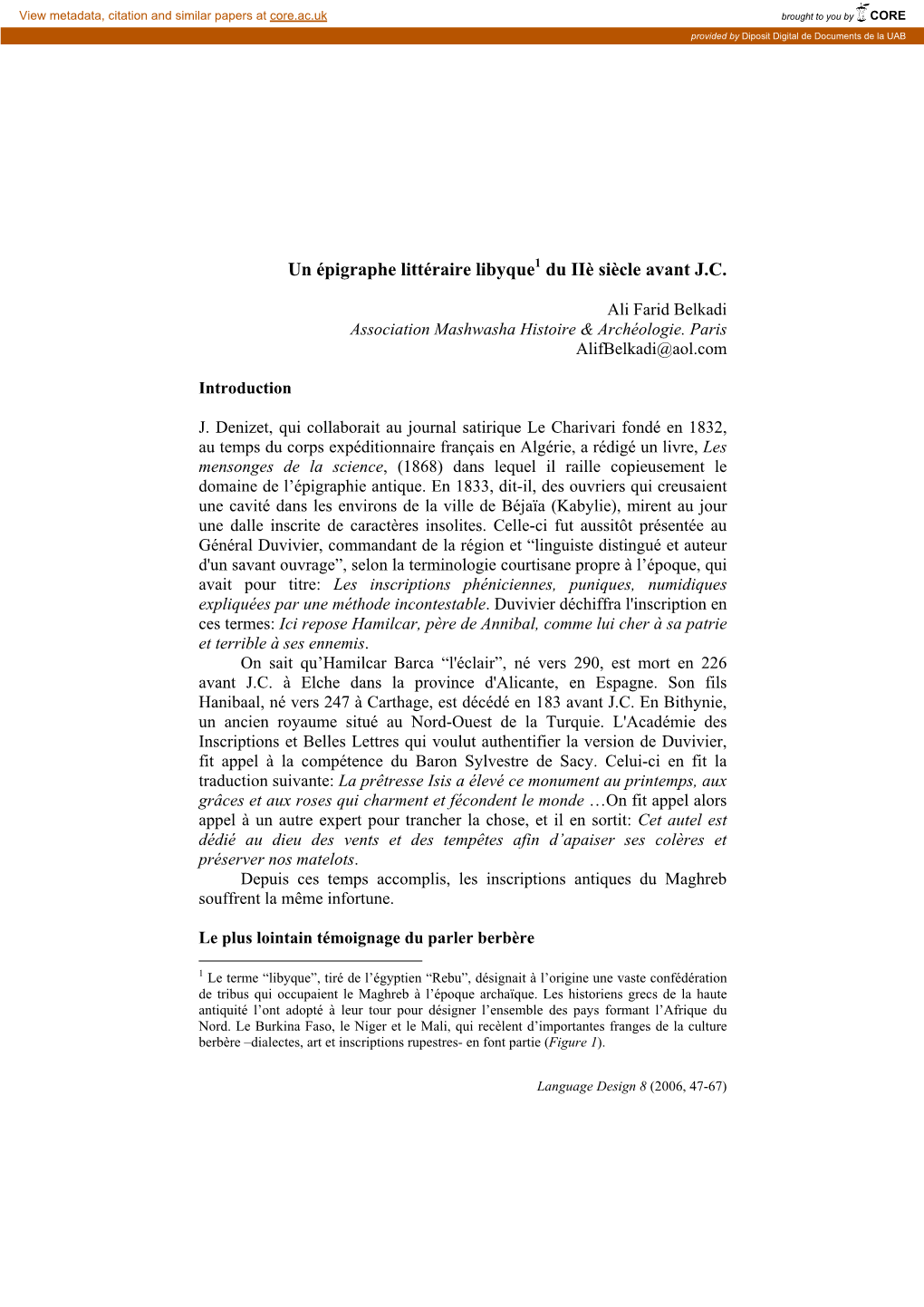 Un Épigraphe Littéraire Libyque Du Iiè Siècle Avant J.C