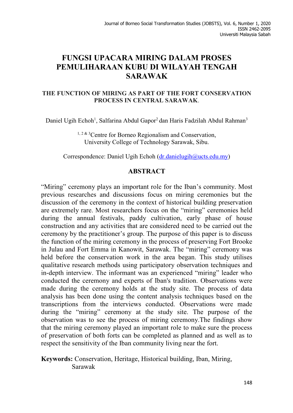 Fungsi Upacara Miring Dalam Proses Pemuliharaan Kubu Di Wilayah Tengah Sarawak