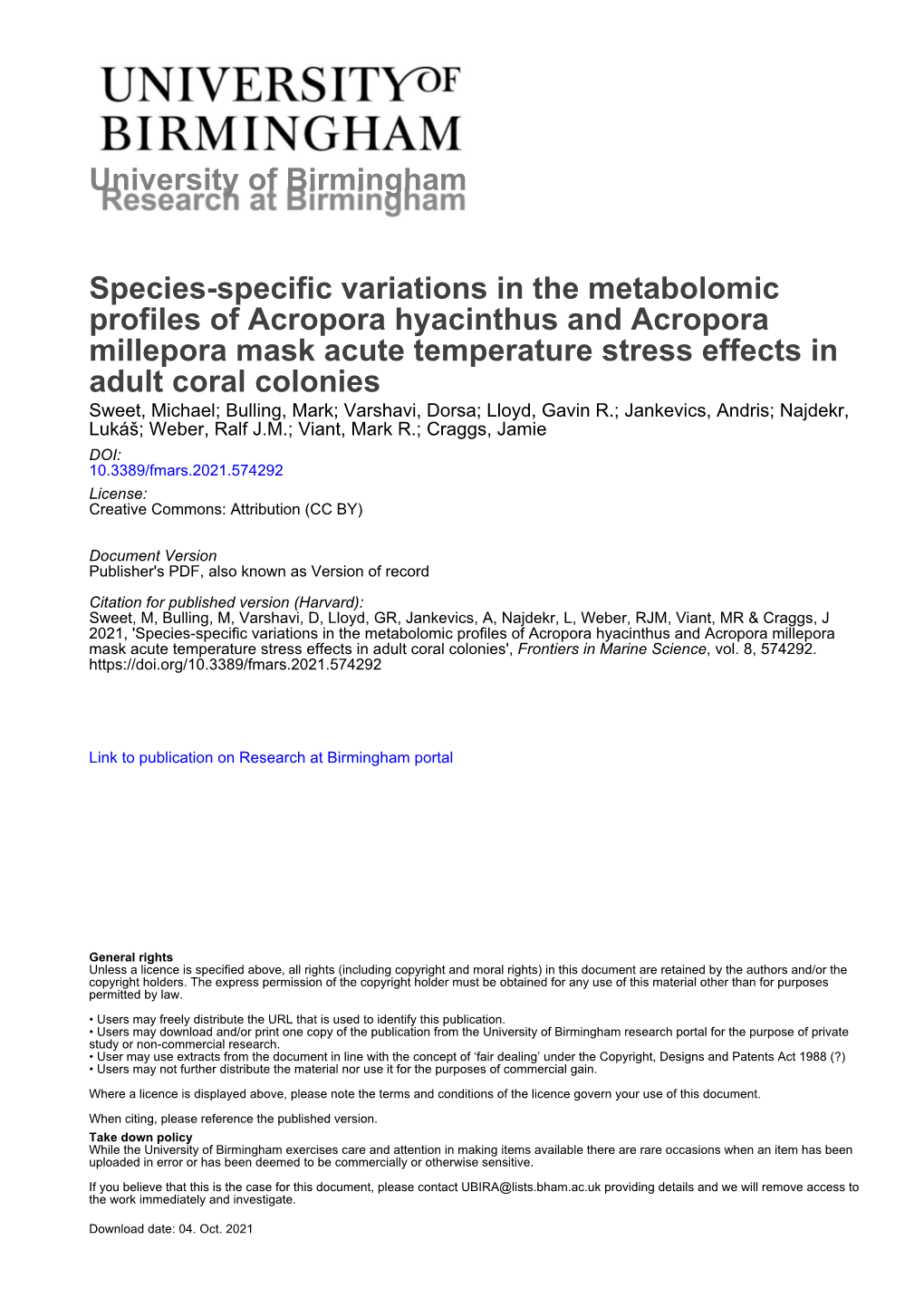 Species-Specific Variations in the Metabolomic Profiles of Acropora