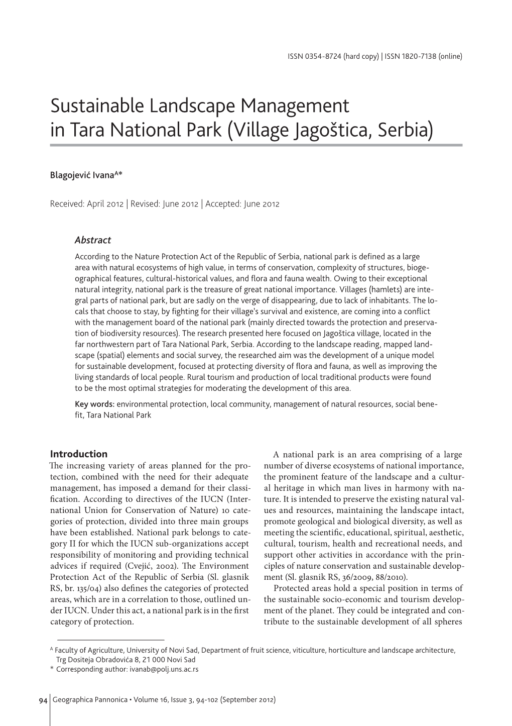 Sustainable Landscape Management in Tara National Park (Village Jagoštica, Serbia)