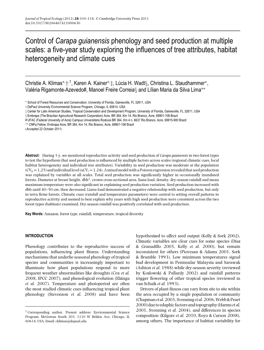 Control of Carapa Guianensis Phenology and Seed Production at Multiple Scales