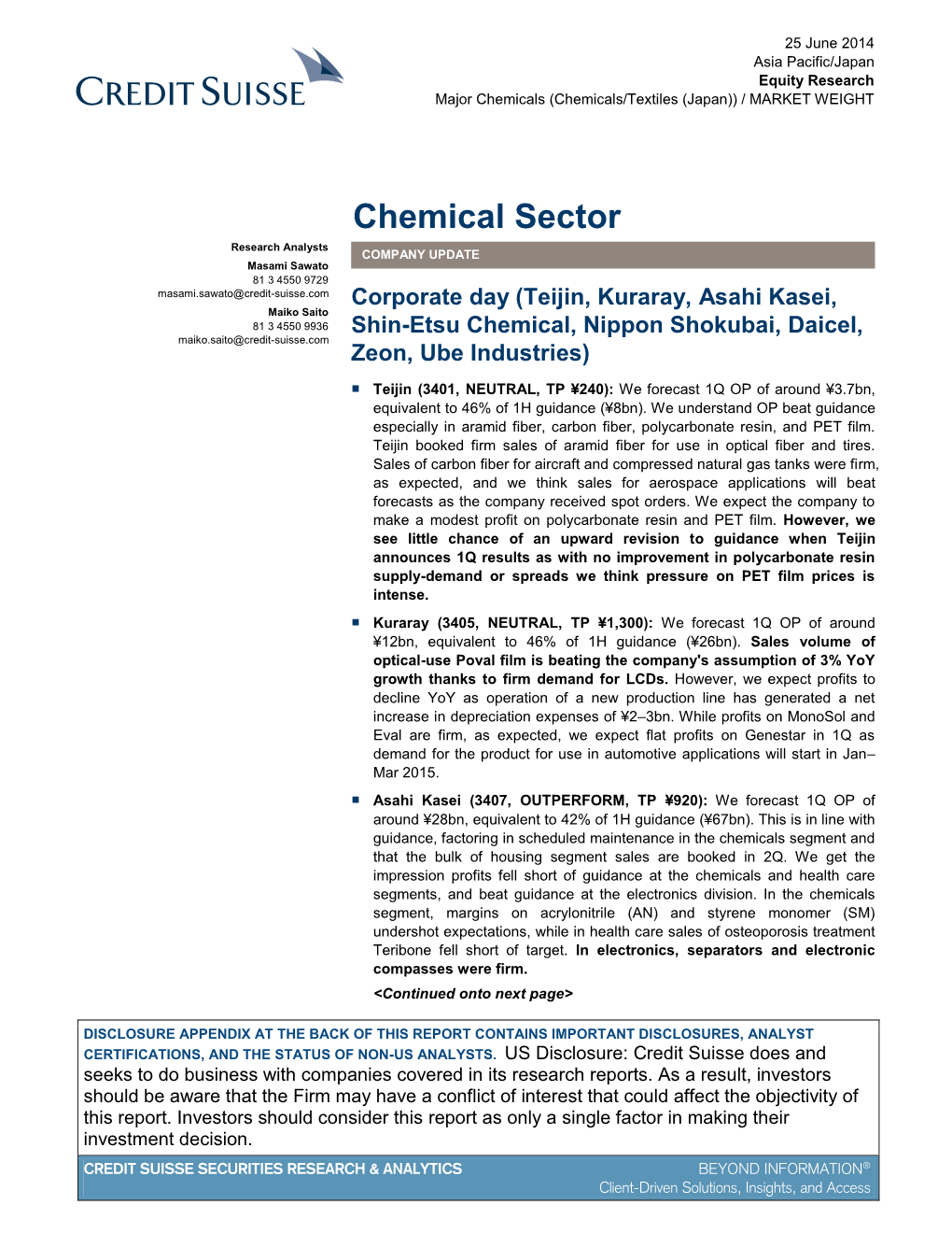 Chemical Sector Research Analysts COMPANY UPDATE