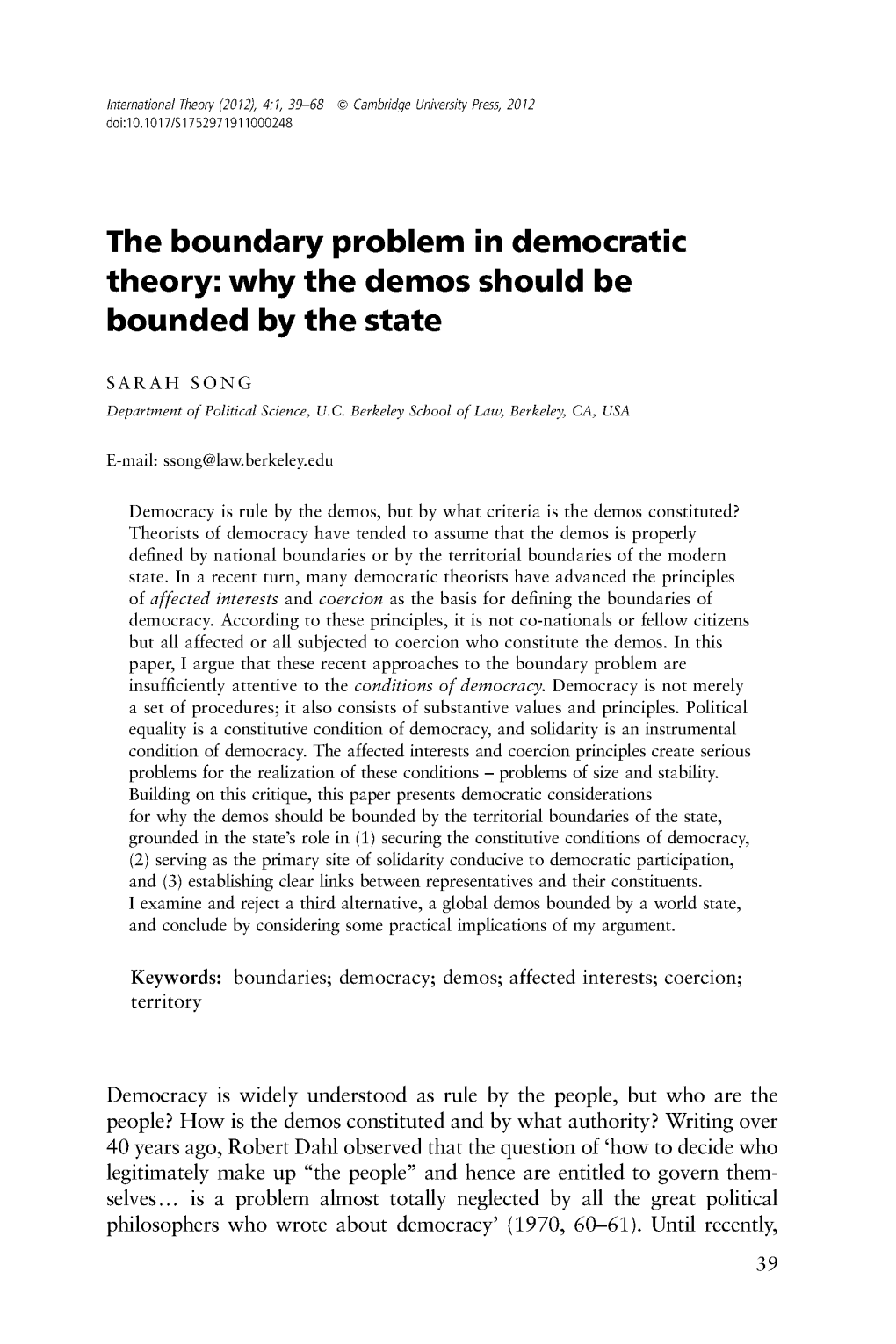 The Boundary Problem in Democratic Theory: Why the Demos Should Be Bounded by the State