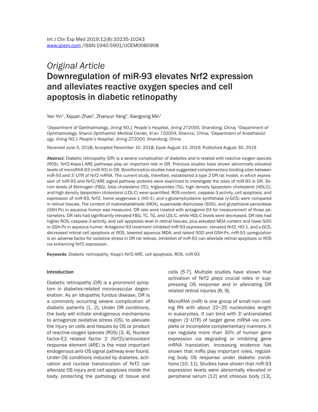 Original Article Downregulation of Mir-93 Elevates Nrf2 Expression and Alleviates Reactive Oxygen Species and Cell Apoptosis in Diabetic Retinopathy