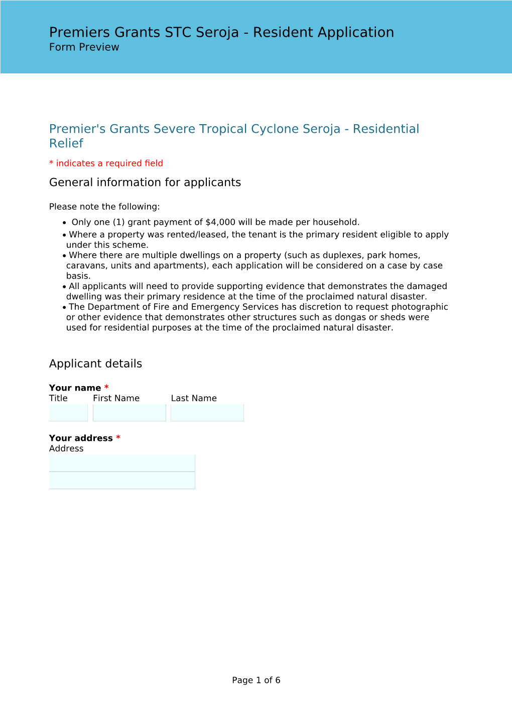 Premiers Grants STC Seroja - Resident Application Form Preview
