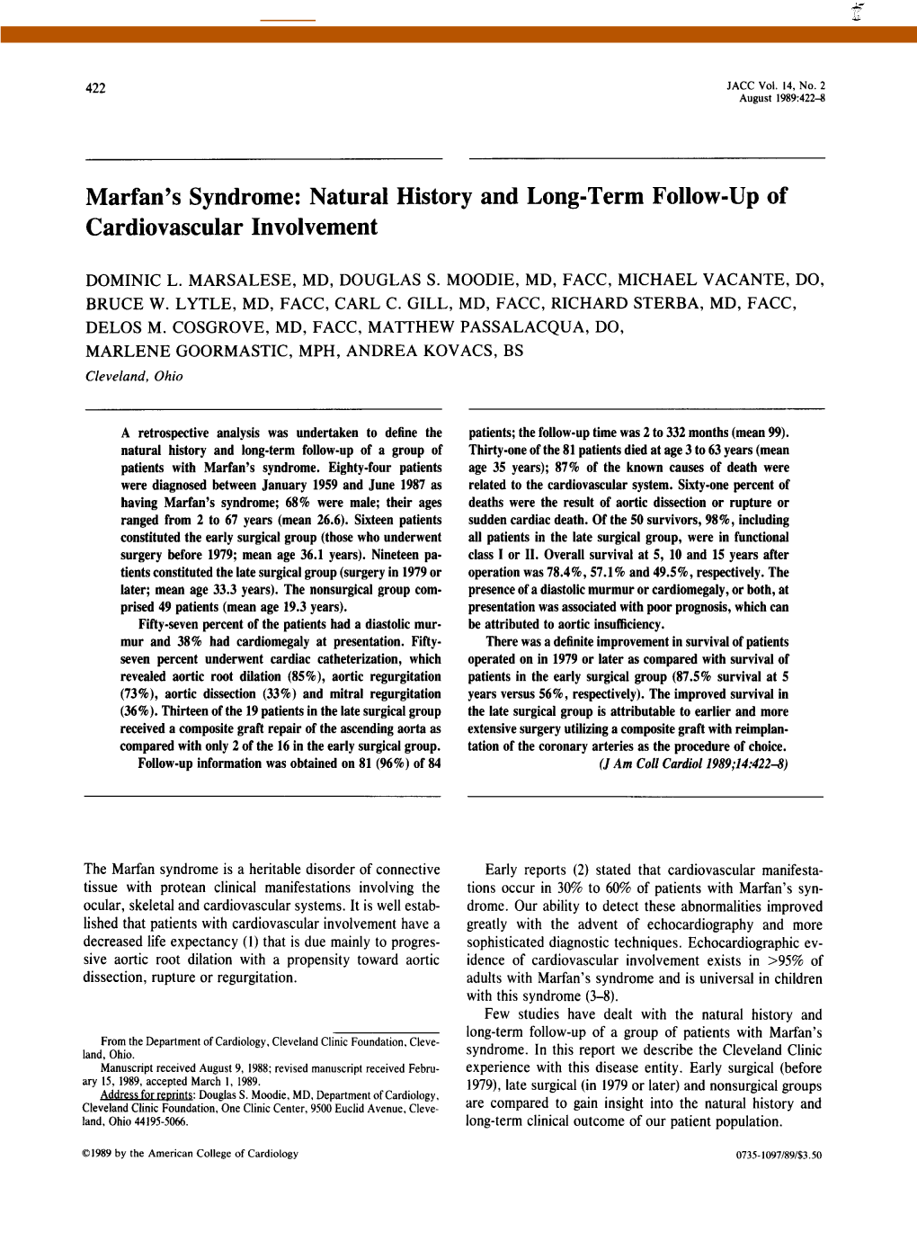 Marfan's Syndrome: Natural History and Long-Term Follow-Up Of