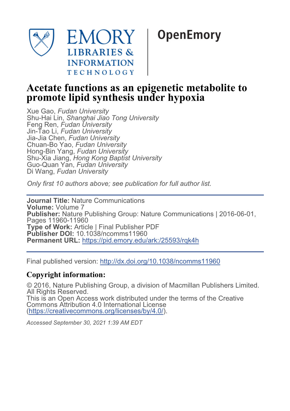 Acetate Functions As an Epigenetic Metabolite to Promote Lipid