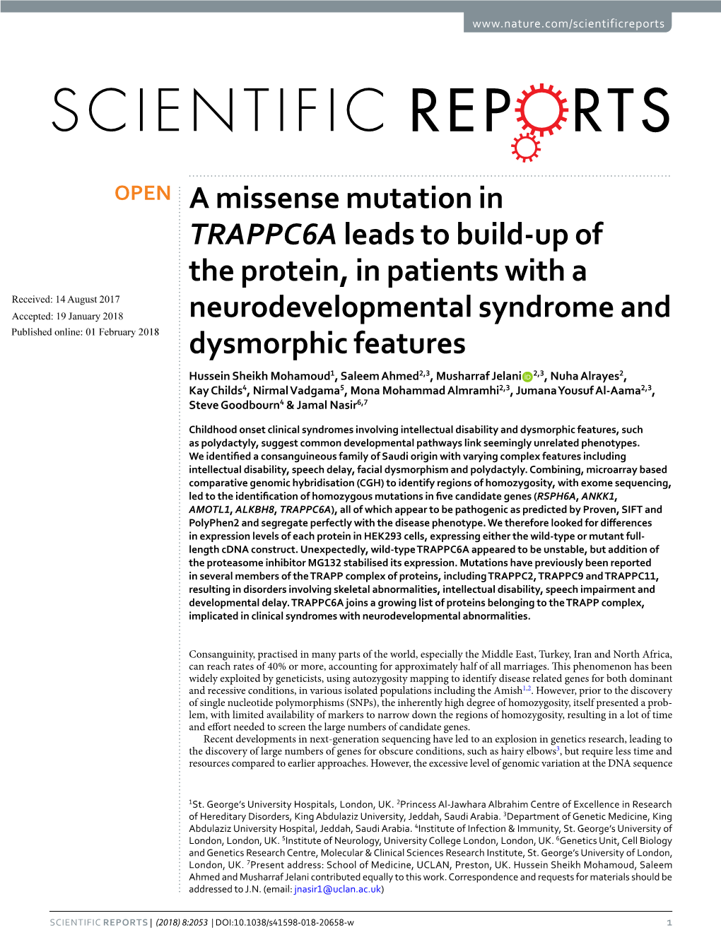 A Missense Mutation in TRAPPC6A Leads to Build-Up of the Protein, In