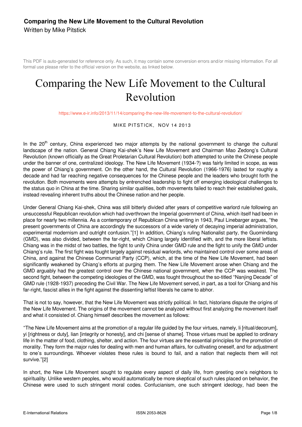 Comparing the New Life Movement to the Cultural Revolution Written by Mike Pitstick