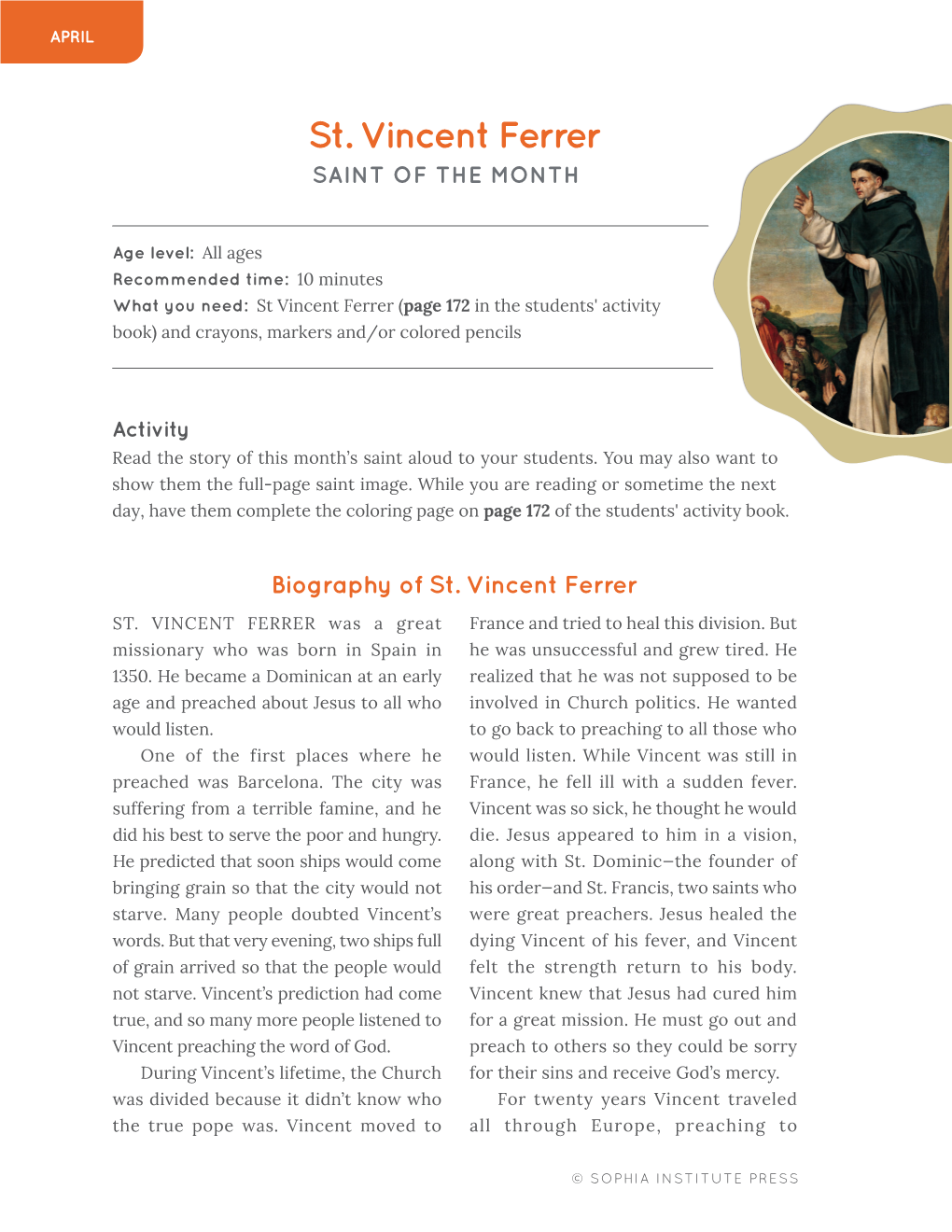 St. Vincent Ferrer SAINT of the MONTH