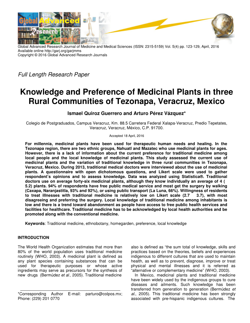 Knowledge and Preference of Medicinal Plants in Three Rural Communities of Tezonapa, Veracruz, Mexico