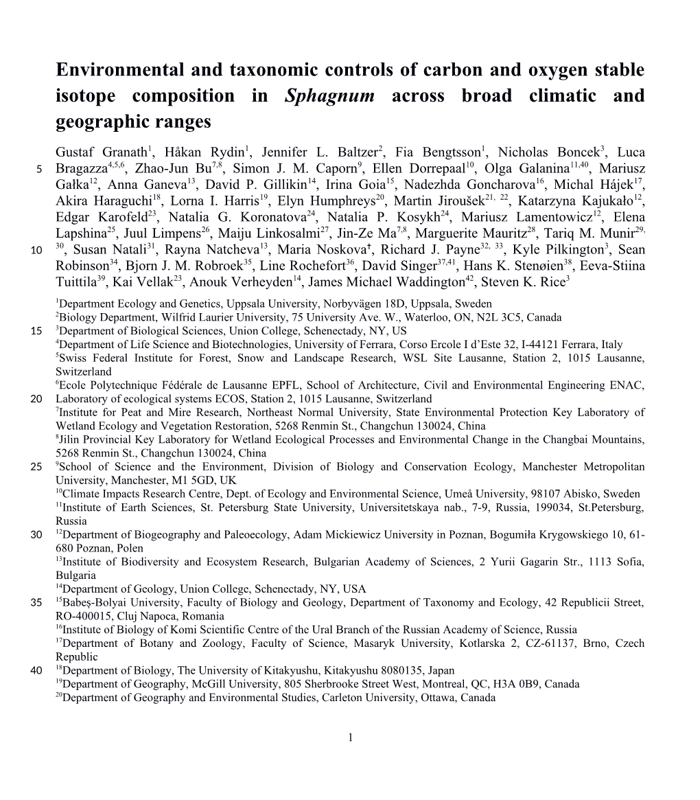 Environmental and Taxonomic Controls of Carbon and Oxygen Stable Isotope Composition in Sphagnum Across Broad Climatic and Geogr