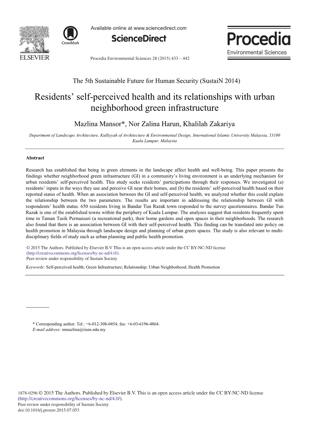 Residents' Self-Perceived Health and Its Relationships with Urban