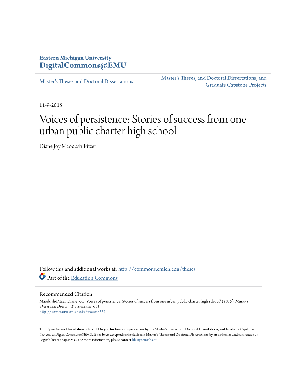 Stories of Success from One Urban Public Charter High School Diane Joy Maodush-Pitzer