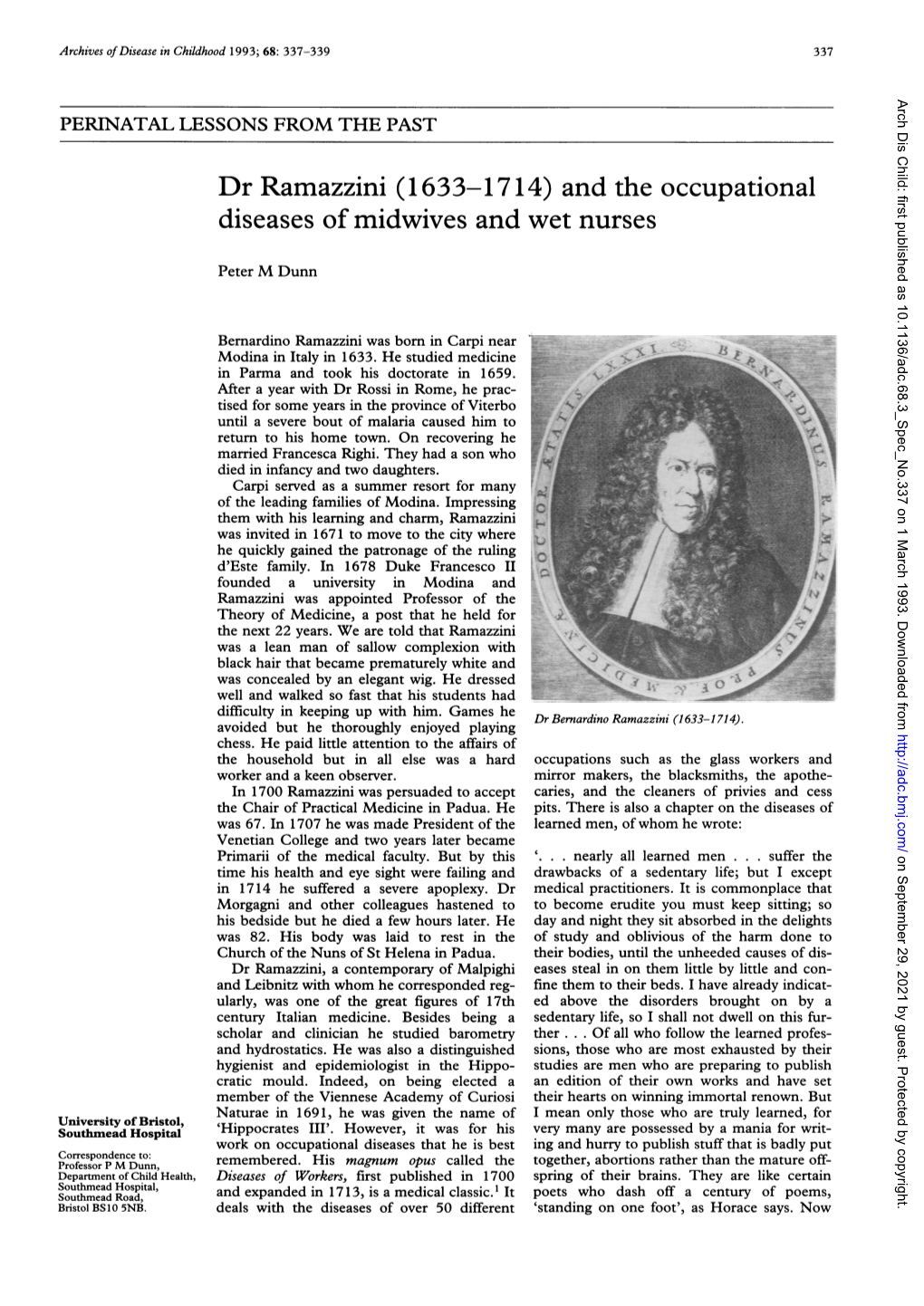 Dr Ramazzini (1633-1714) and the Occupational Diseases of Midwives and Wet Nurses