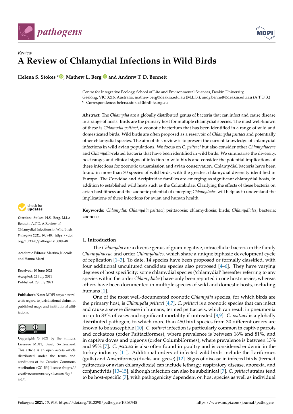 A Review of Chlamydial Infections in Wild Birds