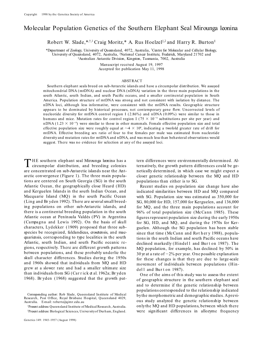 Molecular Population Genetics of the Southern Elephant Seal Mirounga Leonina